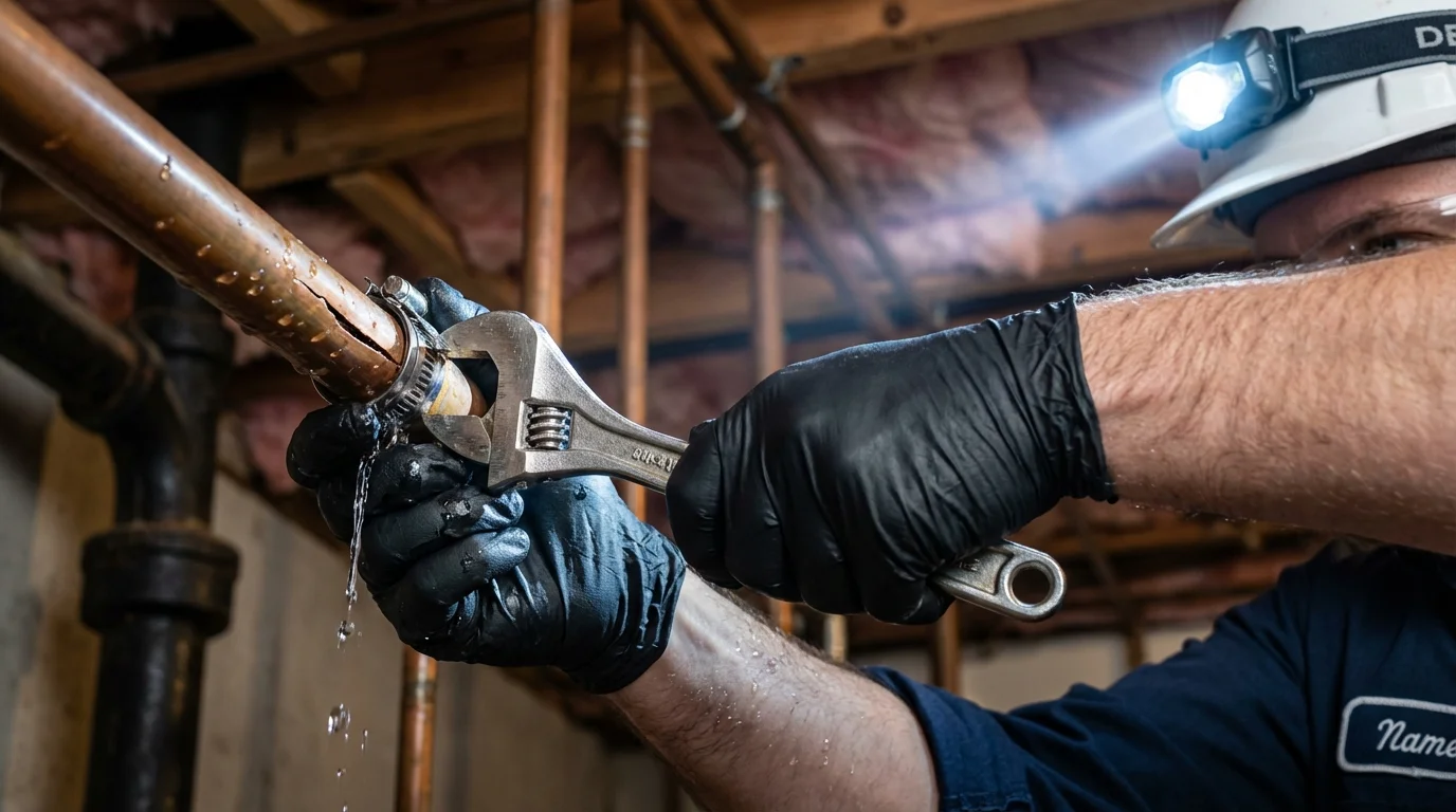 Emergency pipe clamp repair being performed by a Johns Plumbing LLC plumber in Mascotte