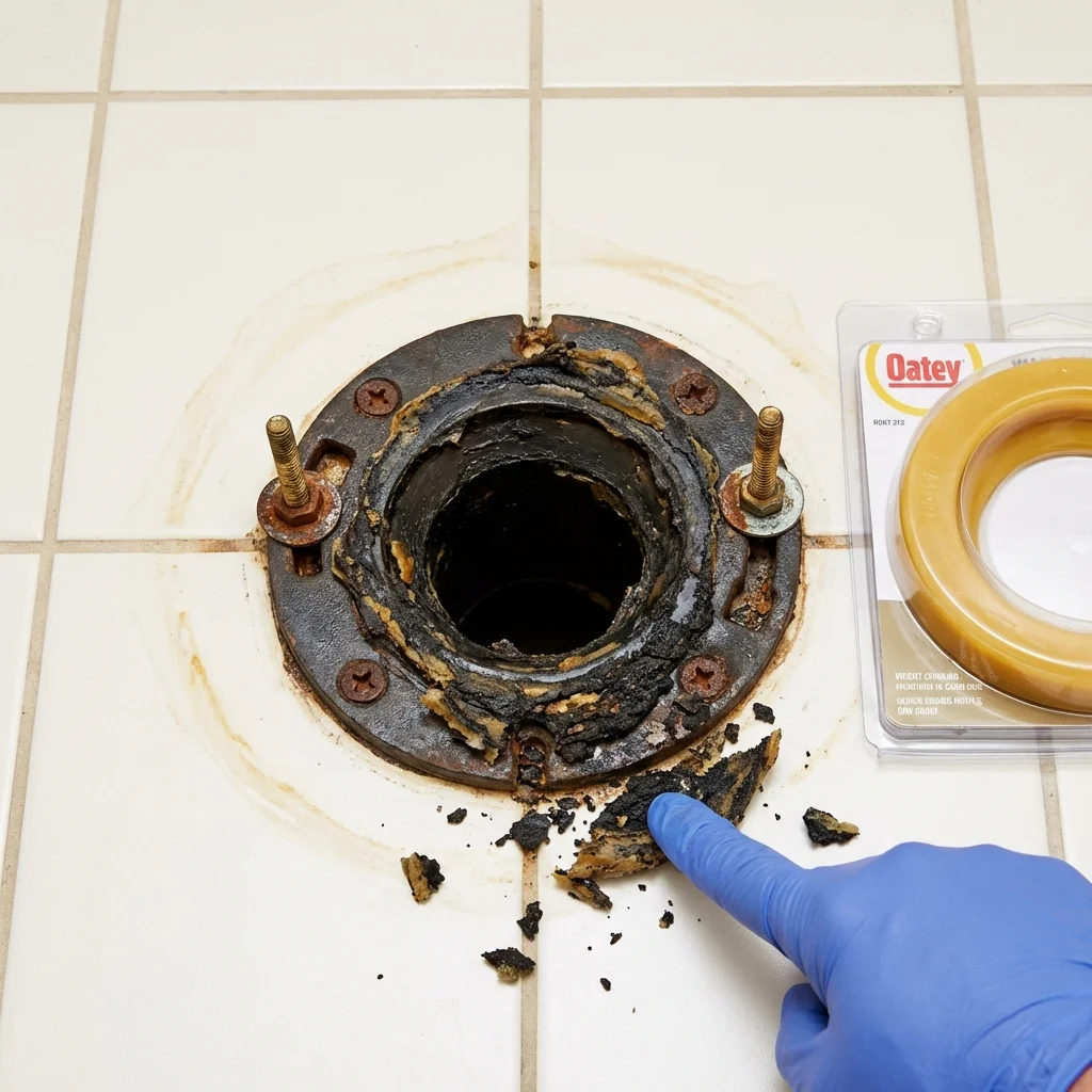 Failed wax ring showing water seepage at the base of a toilet in a Mascotte, FL home