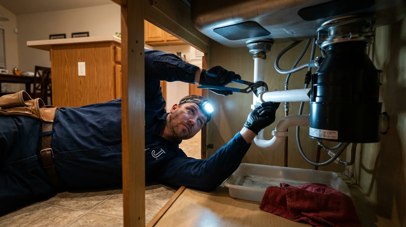 P-trap and supply line connections under a kitchen sink showing a common leak point in Mascotte, FL